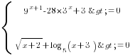 delim{lbrace}{matrix{3}{1}{{9^{x+1}-28*3^{x}+3>=0} {sqrt{x+2}+log_5 (x+3)>=0}{} }}{ }