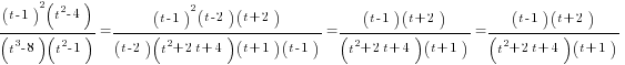 {(t-1)^2(t^2-4)}/{(t^3-8)(t^2-1)}={(t-1)^2(t-2)(t+2)}/{(t-2)(t^2+2t+4)(t+1)(t-1)}={(t-1)(t+2)}/{(t^2+2t+4)(t+1)}={(t-1)(t+2)}/{(t^2+2t+4)(t+1)}