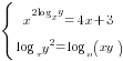delim{lbrace}{matrix{2}{1}{{x^{2log_x y}=4x+3} {log_x y^2=log_y (xy)} }}{ }