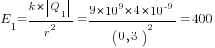 E_1={k*{delim{|}{Q_1}{|}}}/r^2={9*10^9*4*10^{-9}}/(0,3)^2=400