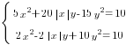 delim{lbrace}{matrix{2}{1}{{5x^2+20{delim{|}{x}{|}}y-15y^2=10} {2x^2- 2{delim{|}{x}{|}}y+10y^2=10}}}{ }