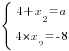 delim{lbrace}{matrix{2}{1}{{4+x_2=a} {4*x_2=-8}}}{ }