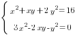 delim{lbrace}{matrix{2}{1}{{x^2+xy+2y^2=16} {3x^2-2xy-y^2=0} }}{ }