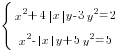 delim{lbrace}{matrix{2}{1}{{x^2+4{delim{|}{x}{|}}y-3y^2=2} {x^2-{delim{|}{x}{|}}y+5y^2=5}}}{ }