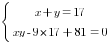 delim{lbrace}{matrix{2}{1}{{x+y=17} {xy-{9*17}+81=0}}}{ }