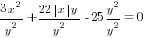 {3x^2}/{y^2}+{22{delim{|}{x}{|}}y}/{y^2}-25{y^2}/{y^2}=0