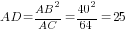 AD=AB^2/AC=40^2/64=25